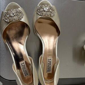 Badgley Mischka Satin Gold Heels with Crystal Embellishments